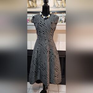Samuel Dong Black and Gray Zebra-Print Midi Fit & Flare Dress